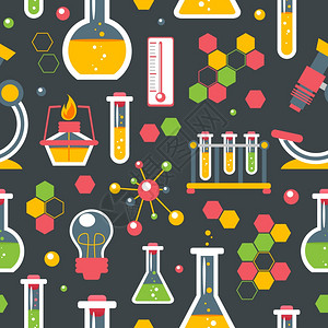 化学彩色无缝图案与科研璃器皿设备矢量插图图片
