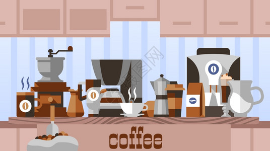 咖啡与装饰符号家庭咖啡馆厨房桌子矢量插图图片