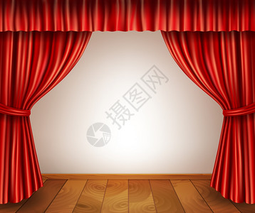 剧院舞台与木地板红色天鹅绒开放复古风格窗帘隔离白色背景矢量插图背景图片