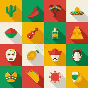 墨西哥旅行符号平图标与具柠檬人矢量插图高清图片