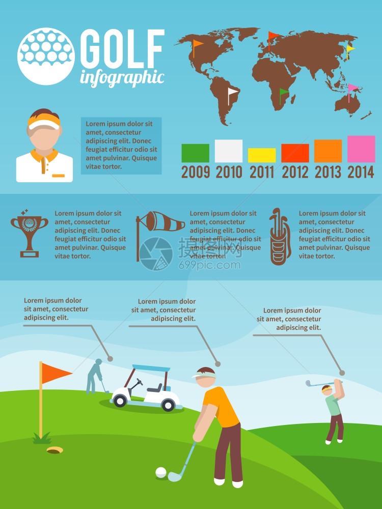 高尔夫游戏运动活动信息图表集与图表世界矢量插图图片