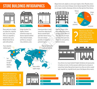 商店商业建筑信息集与世界图表模板矢量插图图片