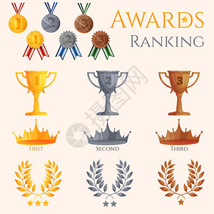 top排名排名图标同大小的奖励皇冠奖牌孤立矢量插图插画