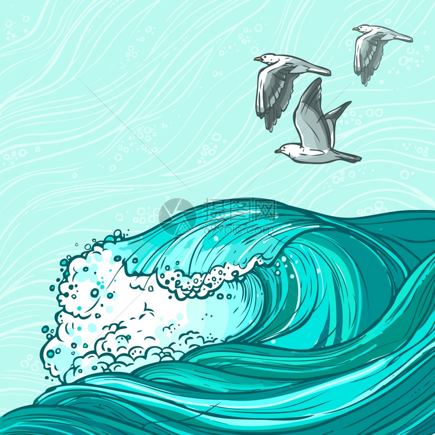 波浪流水,手画海洋海鸥鸟类彩色背景矢量插图图片