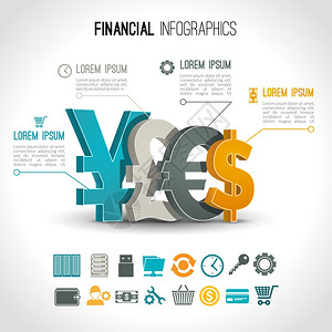 金融模板金融信息图集与三维货币兑换标志矢量插图插画