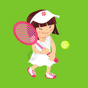 女孩与运动网球拍球隔离绿色背景矢量插图图片
