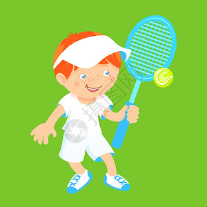 拍皮球小男孩男孩与运动羽毛球网拍毽子隔离绿色背景矢量插图插画