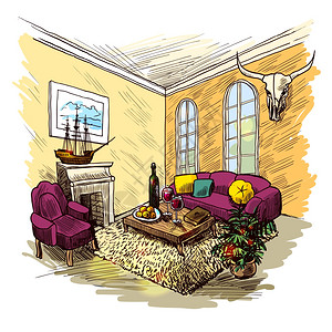 客厅内部素描彩色背景与壁炉沙发桌子图片矢量插图图片