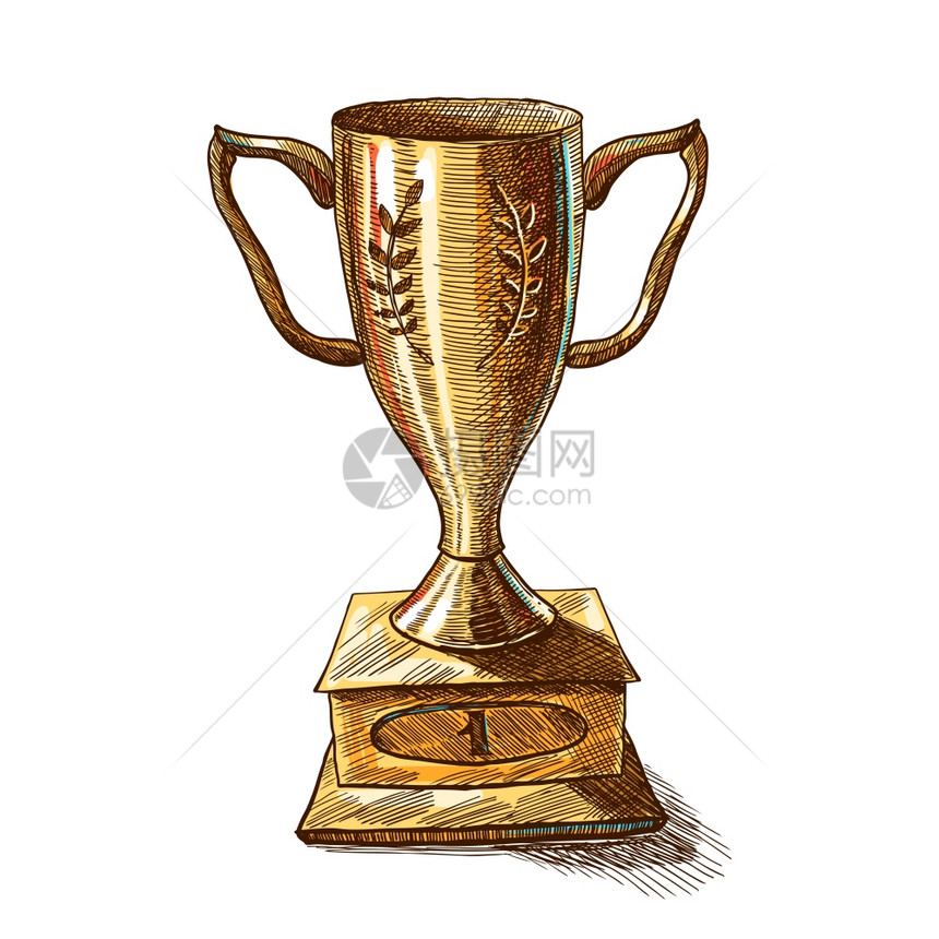 金色金属奖杯杯名获奖者奖素描装饰图标隔离白色背景矢量插图图片