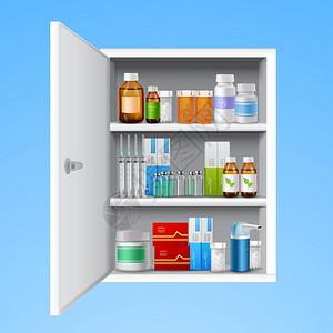 白色瓶药柜与药片药丸瓶下降现实隔离白色背景矢量插图插画
