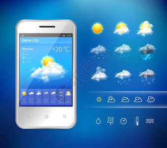 家居天气预测现实的手机与天气预报小部件移动应用程序布局模板矢量插图插画
