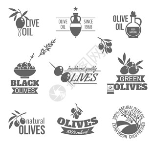天然机绿色黑色橄榄传统优质油黑标签集孤立矢量插图背景图片