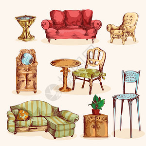 家具素描彩色装饰图标沙发镜子扶手椅孤立矢量插图图片