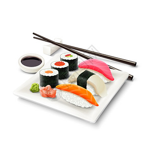 寿司亚洲鱼食品写实与盘子筷子香料隔离白色背景矢量插图图片