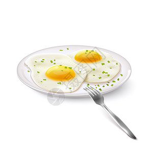 煎鸡蛋早餐盘子与叉子现实隔离白色背景矢量插图图片