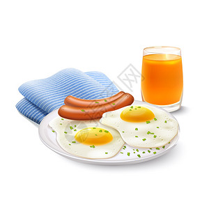 油炸香肠早餐食品写实套橙汁煎蛋与香肠餐巾矢量插图插画