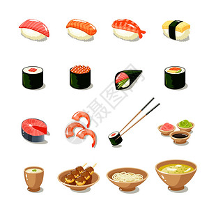 荞麦挂面亚洲食品图标寿司卷生鱼片条MISO孤立矢量插图插画