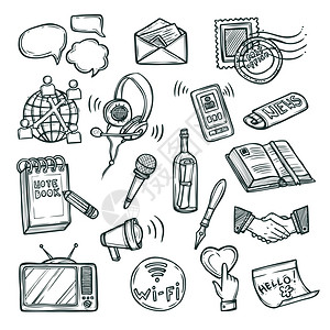 会话收集通信涂鸦装饰图标与手机笔记本握手符号隔离矢量插图插画