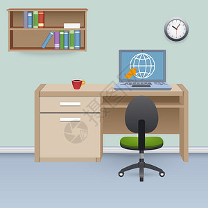 橱柜内部与家具,桌子,办公椅笔记本电脑矢量插图背景图片