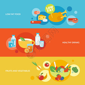 健康饮食平板横幅与水果蔬菜饮料低脂食品孤立矢量插图图片