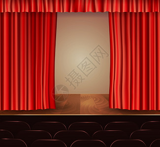 剧院舞台与座椅木地板红色天鹅绒开放复古风格窗帘背景矢量插图图片