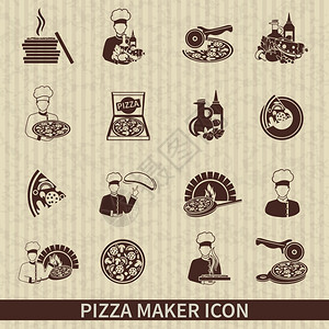 比萨饼制造商图标黑色与完美的意大利成分热片隔离矢量插图图片