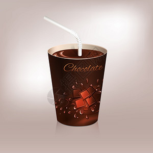 塑料棒纸杯热巧克力咖啡包装与饮用吸管隔离矢量插图插画