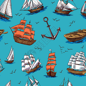 坎布里尔斯帆船高船,旧木游艇船锚彩色素描无缝图案矢量插图插画