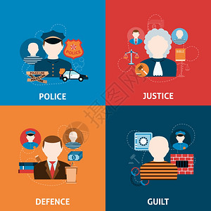 国防素材腐败犯罪处罚与法制民法国防司法官四个平图标成抽象矢量插图插画