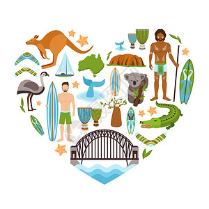 悉尼袋鼠澳大利亚旅游地标装饰图标心形矢量插图插画