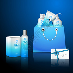 洗发水包装蓝色包装化妆品时尚袋与礼品卡矢量插图插画