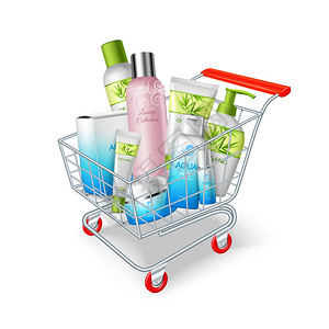 超市购物车与化妆品卫生产品矢量插图图片
