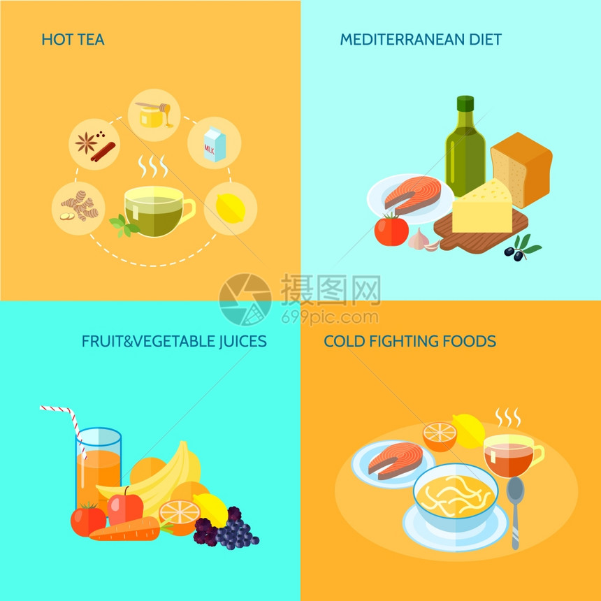 健康食品平图标热茶地中海饮食,水果蔬菜果汁,冷战斗食品矢量插图图片