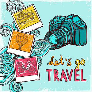假期背景与素描照片相机旅游图片矢量插图背景图片
