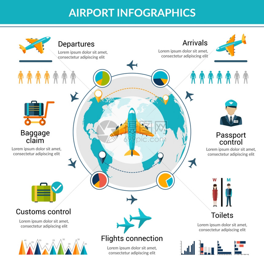 机场信息图集与安全控制航空车辆符号图表矢量插图图片