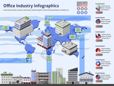 世界大都市办公行业信息图表与商业建筑世界图表矢量插图插画