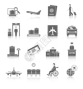 交通安全创意图机场航站楼旅客安全图标黑色集合孤立矢量插图插画
