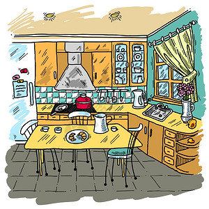 厨房彩色素描装饰背景与家用家具矢量插图图片