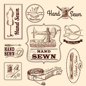 缝纫标志手绘集与裁缝针线元素隔离矢量插图图片