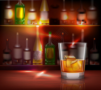 白兰地酒杯酒吧柜台现实背景与璃威士忌前的矢量插图插画