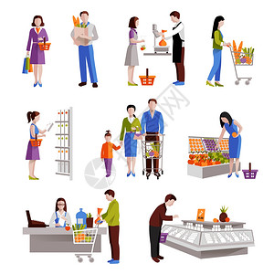 市场规模人们超市购买杂货产品装饰图标矢量插图插画