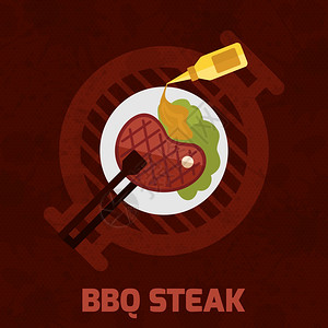 烤肉标志烧烤海报与烤肉牛排芥末酱矢量插图插画