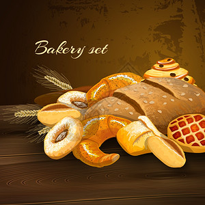 包店包海报与小麦糕点甜甜圈小麦耳朵木制桌子矢量插图高清图片