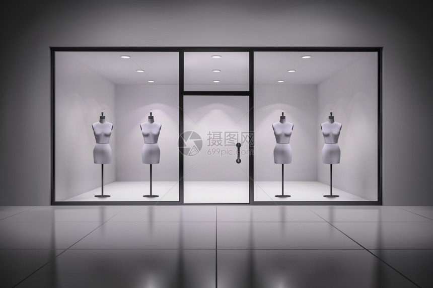 现实的3D商店展示室内与人体模型背景矢量插图图片