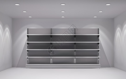 墙架子现实的三维商店内部与空架灯光背景矢量插图插画