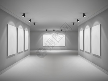 画廊三维逼真的内部与空图框聚光灯矢量插图背景图片