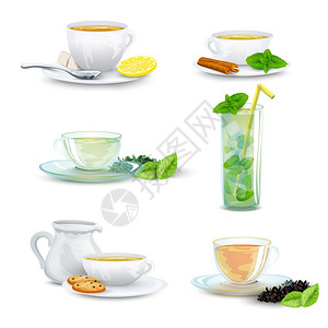 肉桂咖啡绿色红茶冰茶装饰图标集孤立矢量插图插画