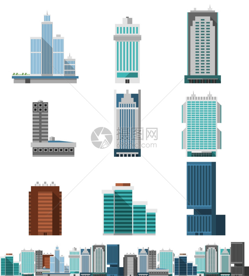 摩天大楼办公室平商业建筑城市天际线装饰图标孤立矢量插图图片