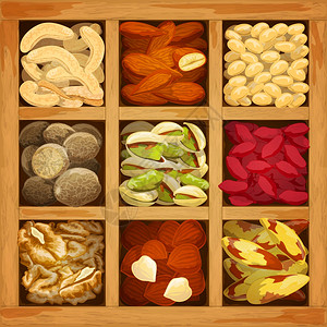 坚果分类收集肉豆蔻核桃巴西杏仁木箱矢量插图图片