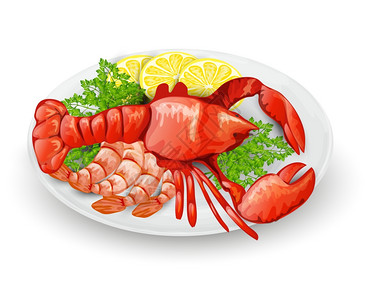 龙虾与柠檬虾欧芹海鲜餐厅菜单矢量插图背景图片
